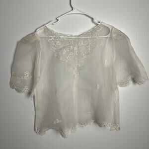 Filipino Kimona Cream Floral Embroidery Sheer Blouse Top Filipiniana Medium